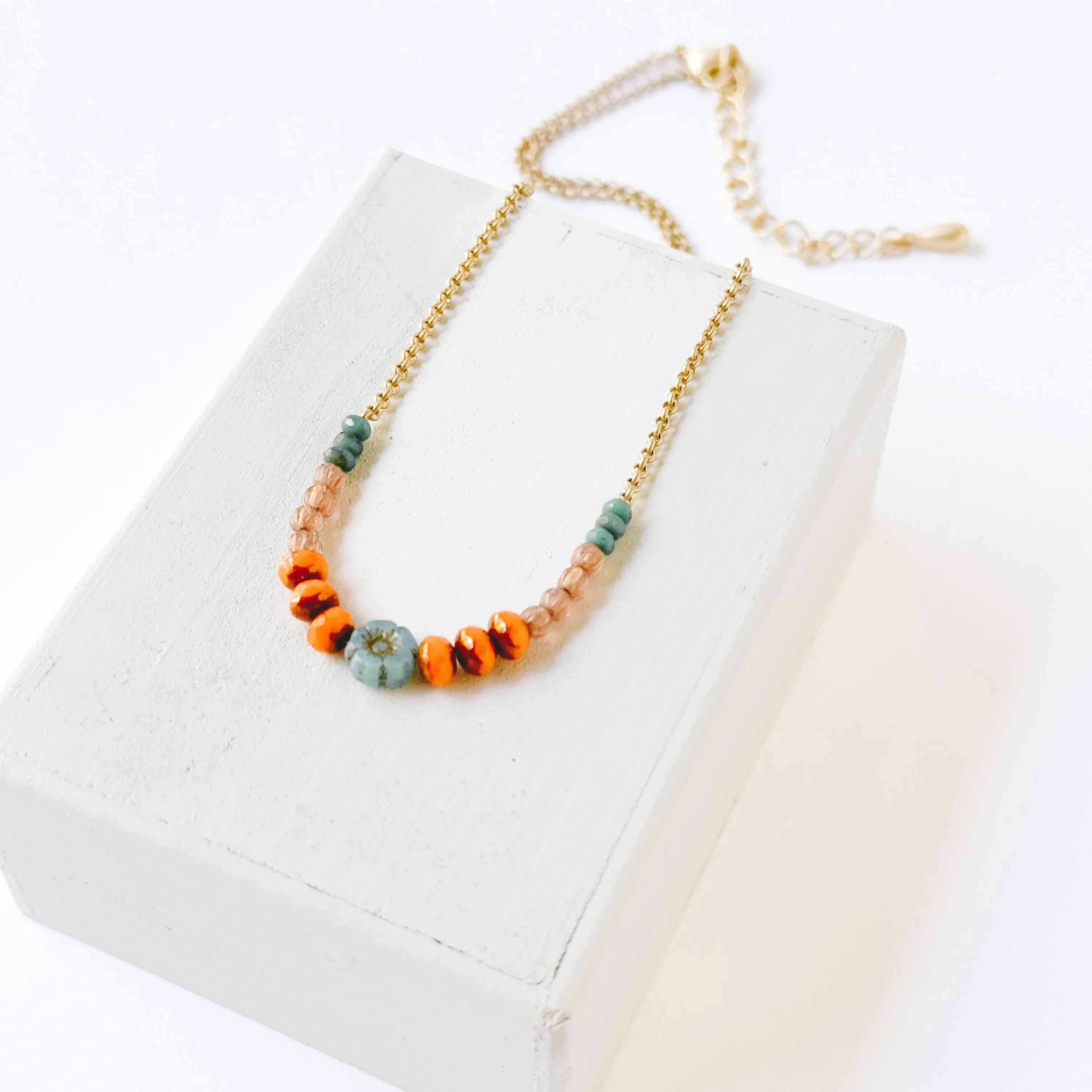 Tiny Blue Flower and Bead Necklace-WS