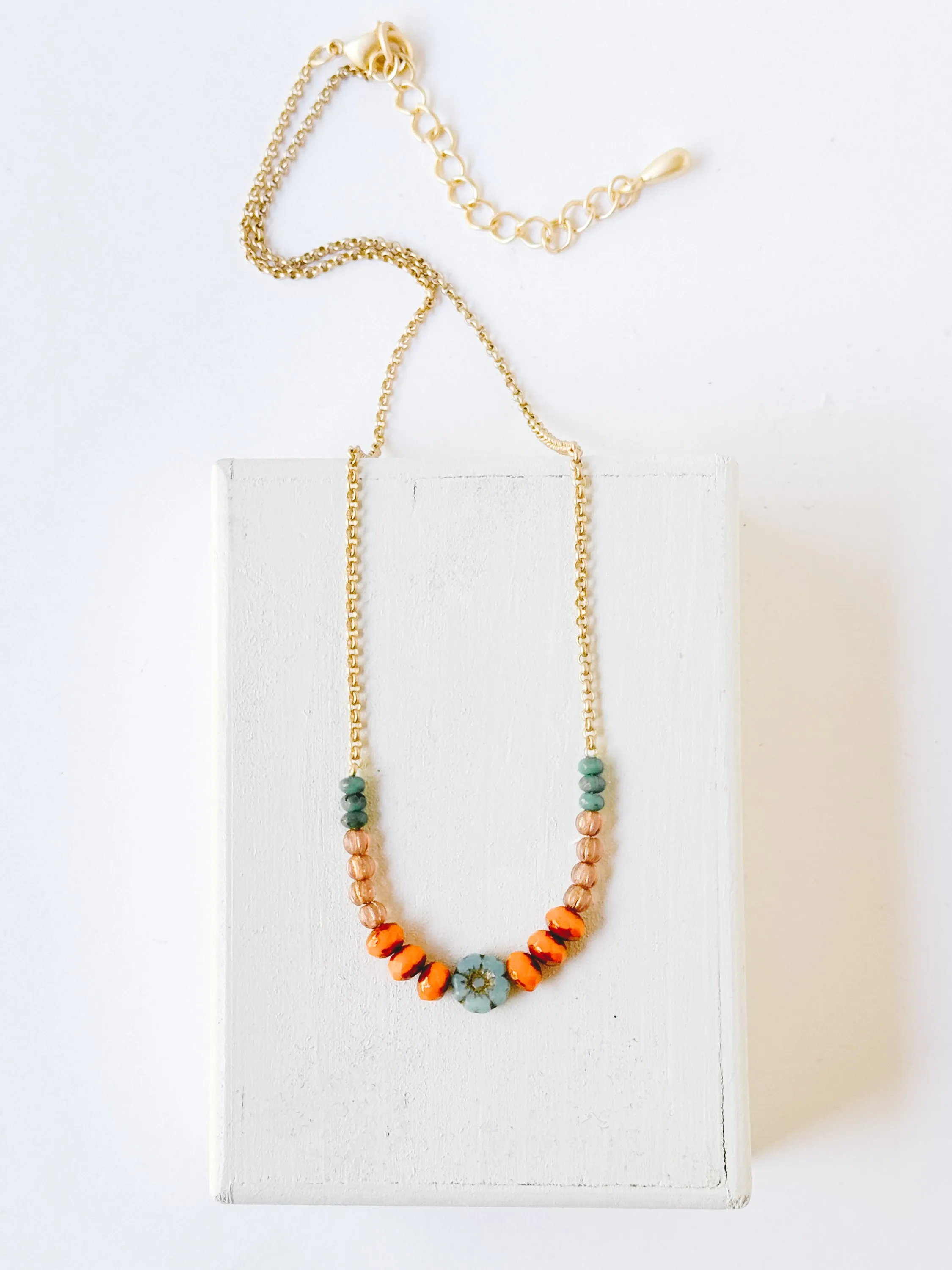 Tiny Blue Flower and Bead Necklace-WS