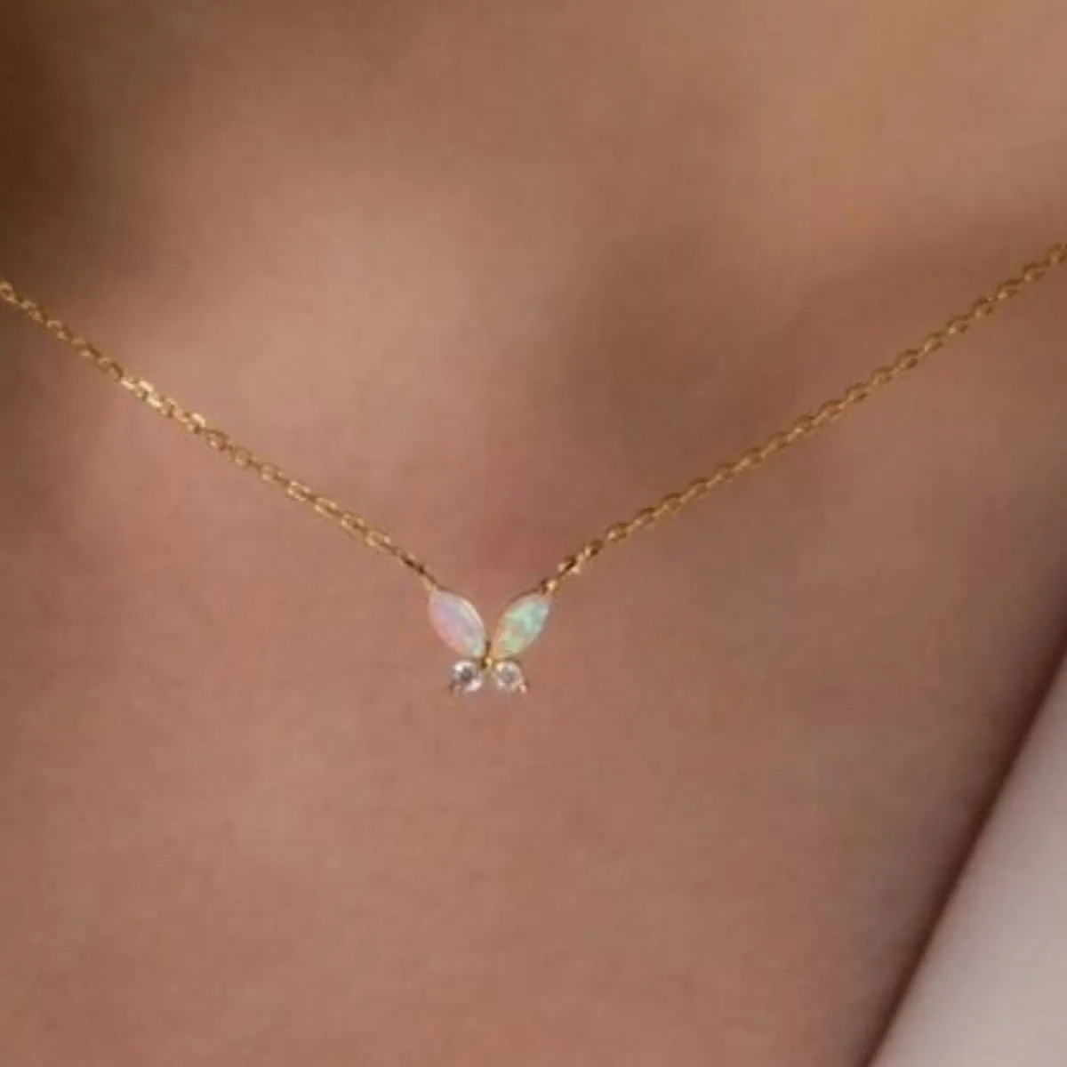 Titanium Steel Natural Opal Butterfly Necklace