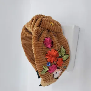 Top Knot Mustard Headband With Floral Appliques