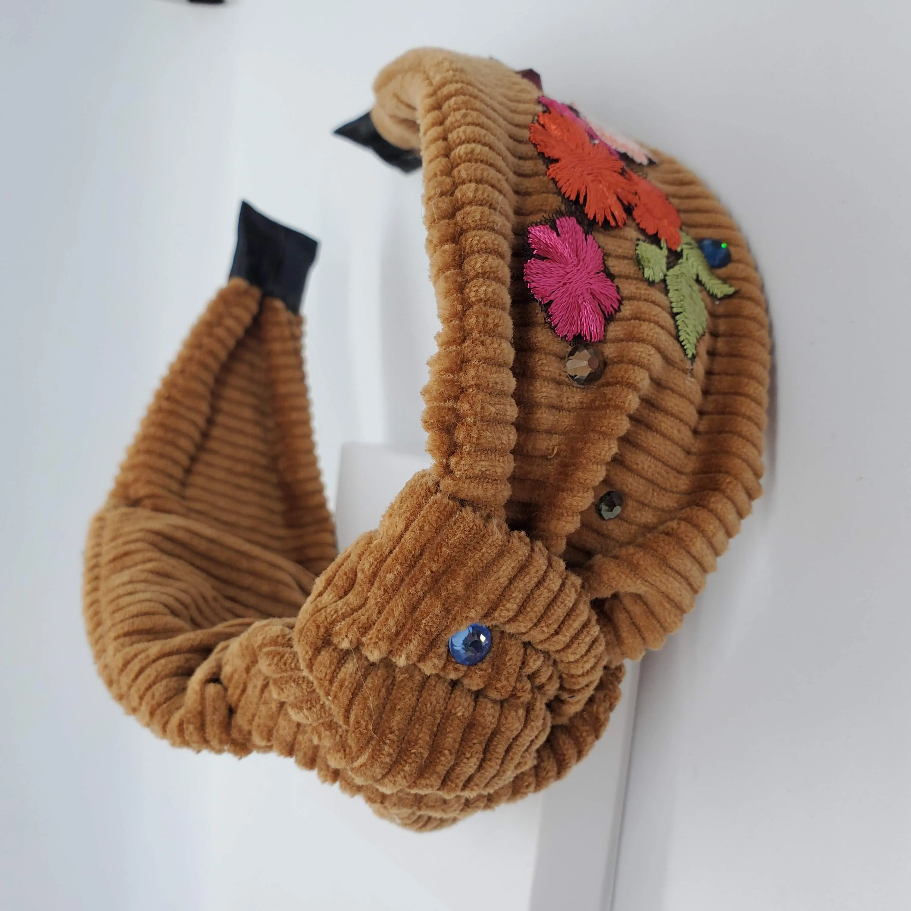 Top Knot Mustard Headband With Floral Appliques