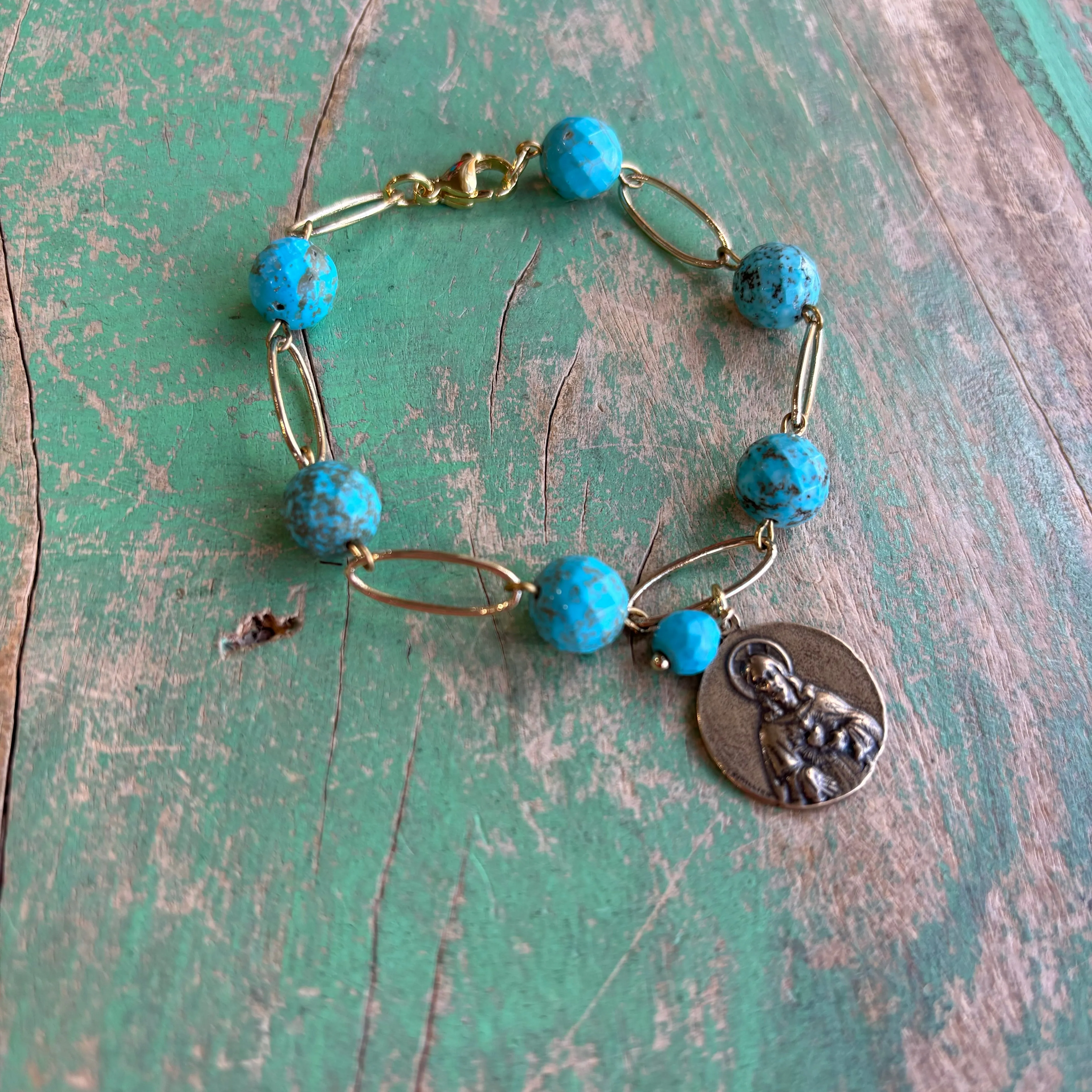 Turquoise Gold Bronze Scapular Bracelet
