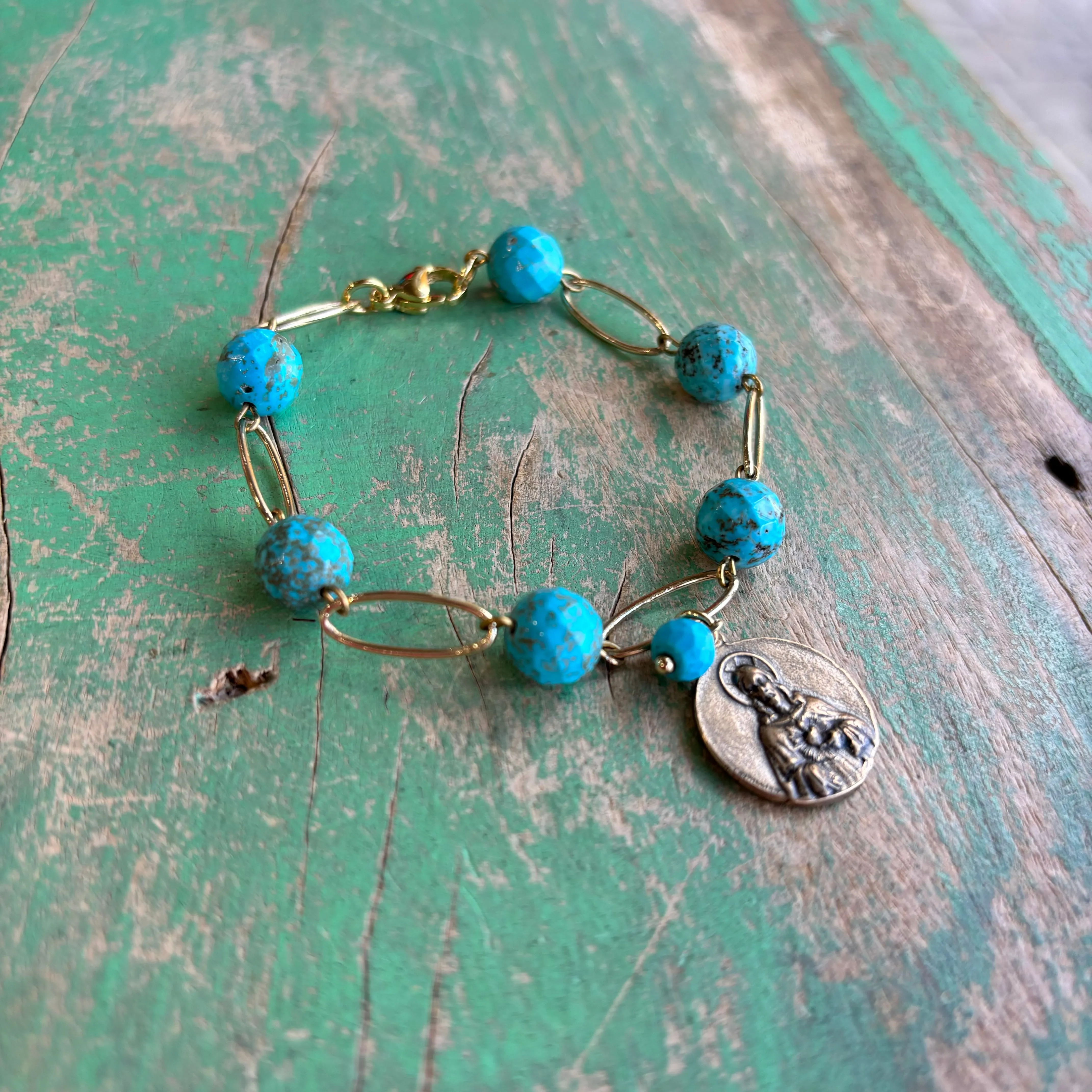 Turquoise Gold Bronze Scapular Bracelet