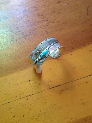 Turquoise Sterling Anticlast Silver Feather Bracelet