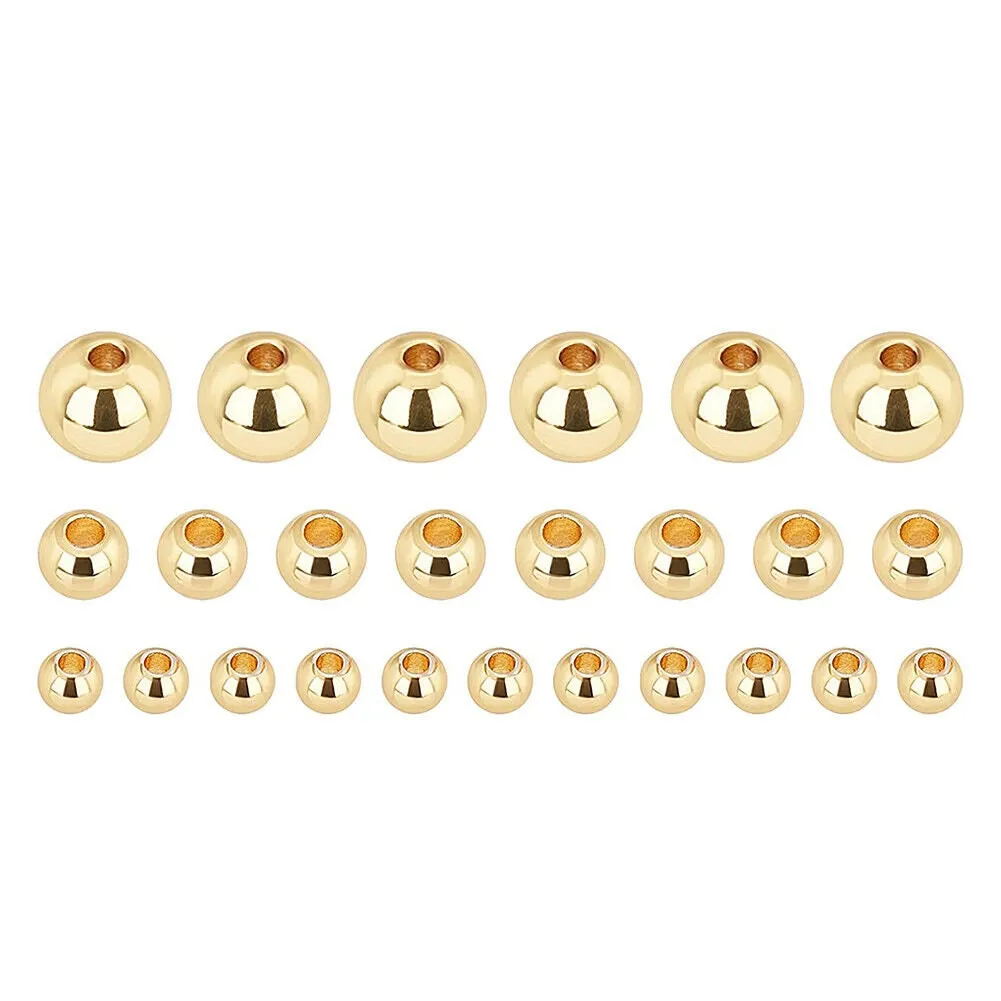 US 300~600 Pcs 3 4 6mm 14K Gold Plated Beads Smooth Round Metal Ball Brass Beads