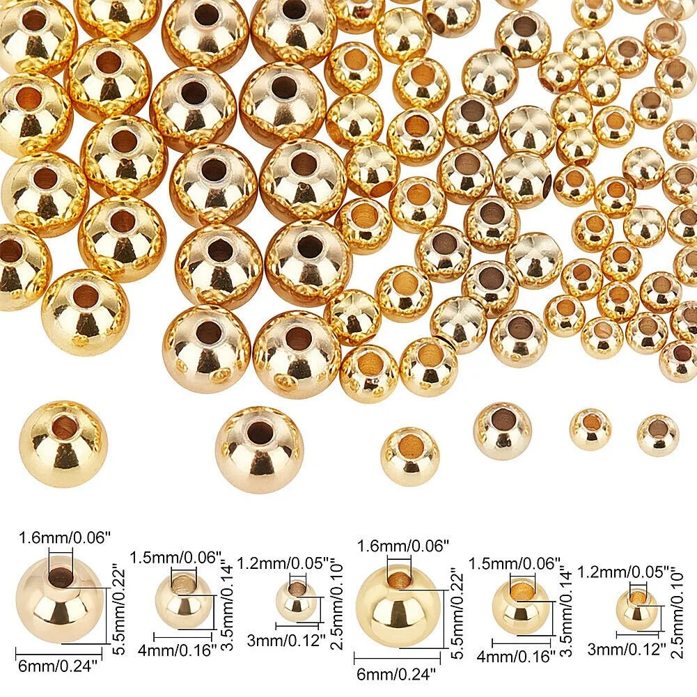 US 300~600 Pcs 3 4 6mm 14K Gold Plated Beads Smooth Round Metal Ball Brass Beads
