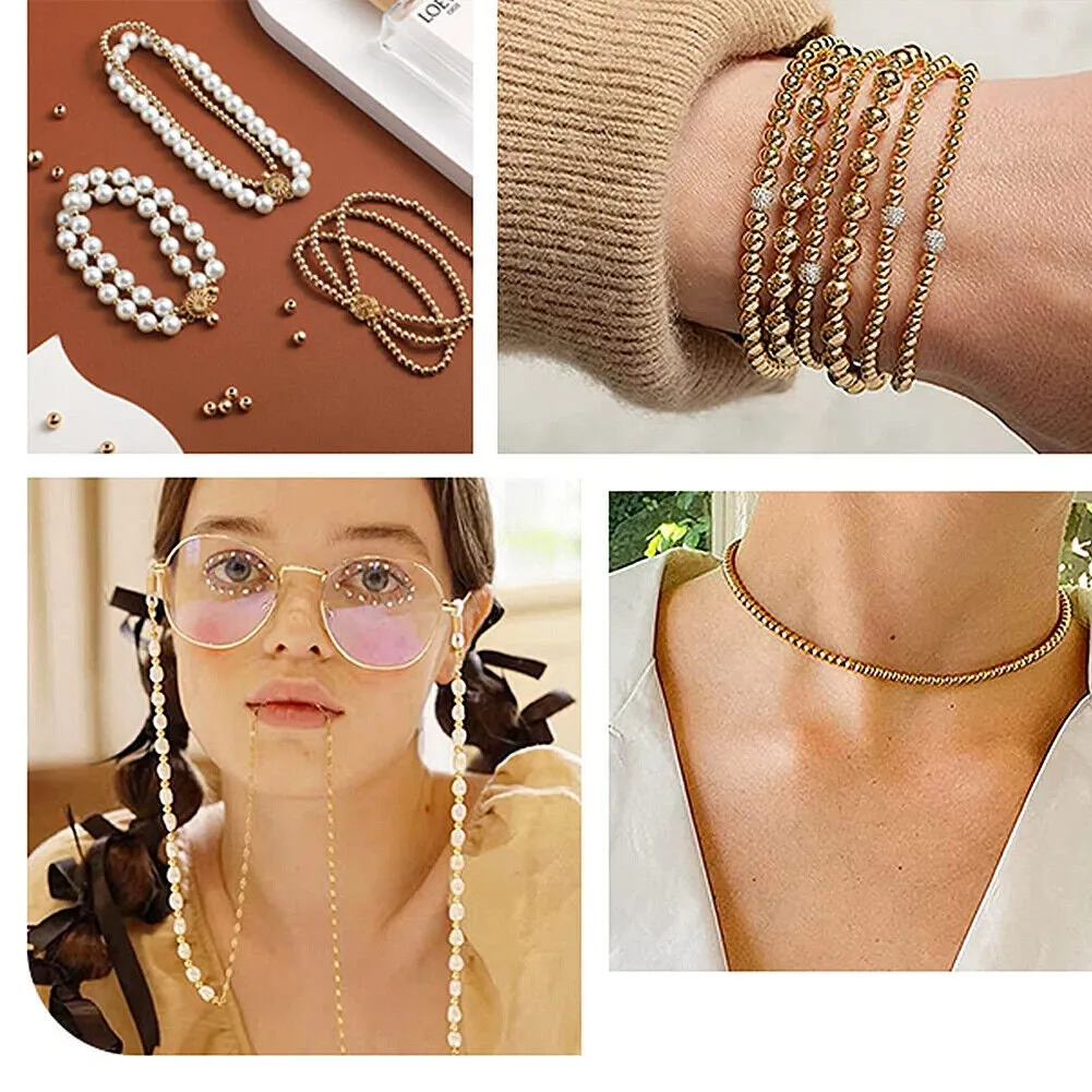 US 300~600 Pcs 3 4 6mm 14K Gold Plated Beads Smooth Round Metal Ball Brass Beads