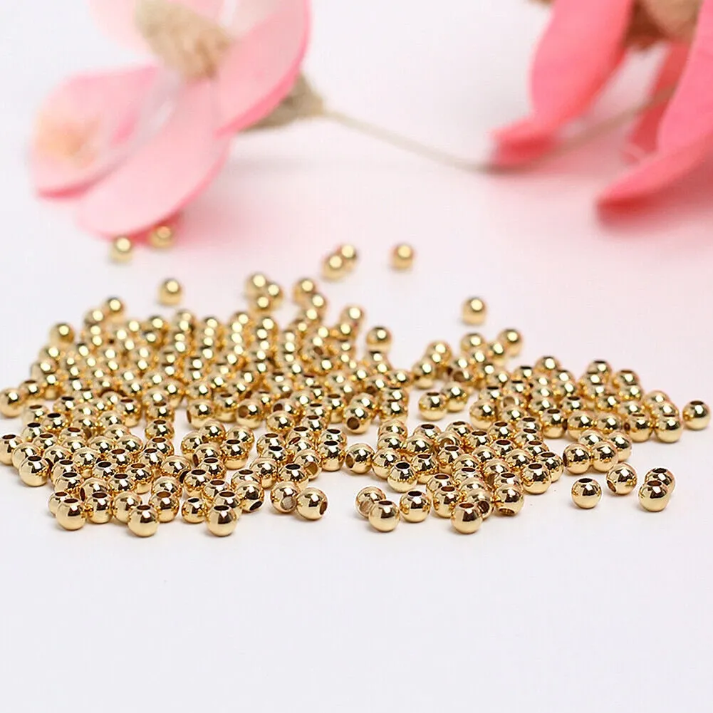 US 300~600 Pcs 3 4 6mm 14K Gold Plated Beads Smooth Round Metal Ball Brass Beads