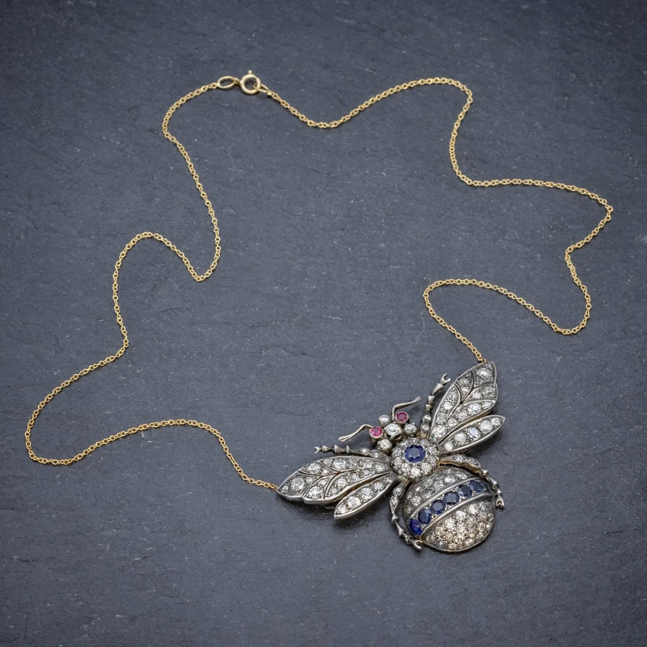 Victorian Style Sapphire Diamond Ruby Bee Pendant Necklace Silver 18Ct Gold