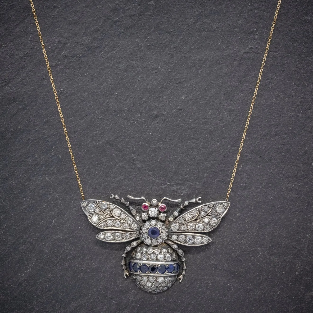 Victorian Style Sapphire Diamond Ruby Bee Pendant Necklace Silver 18Ct Gold