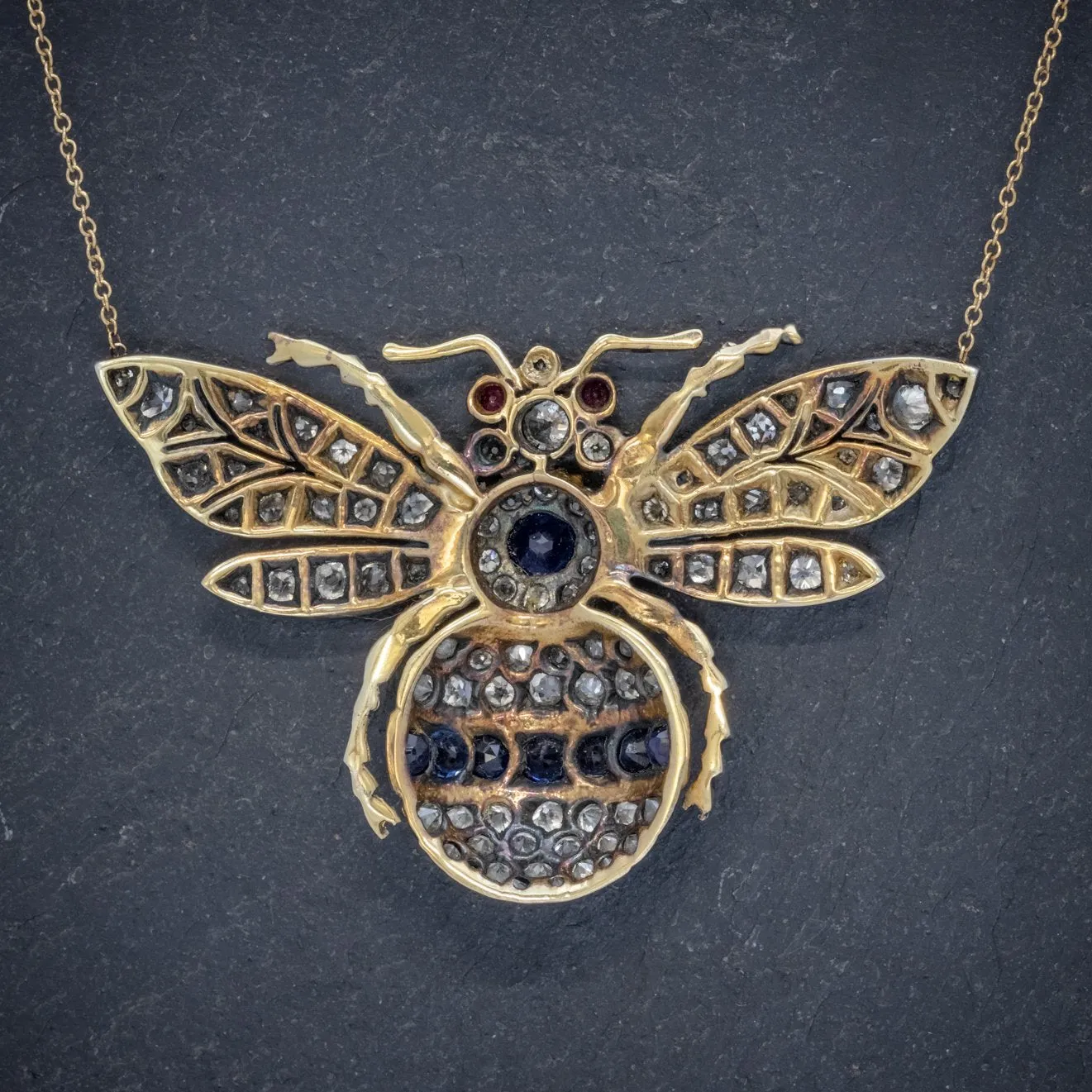 Victorian Style Sapphire Diamond Ruby Bee Pendant Necklace Silver 18Ct Gold