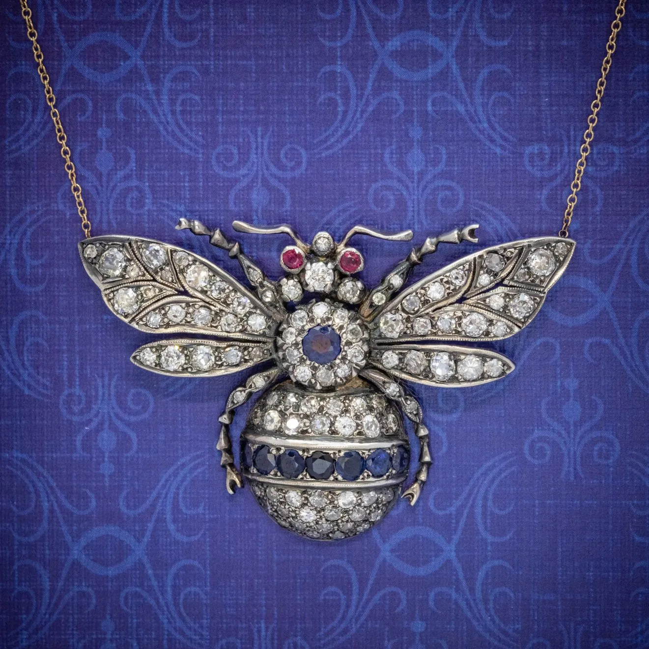 Victorian Style Sapphire Diamond Ruby Bee Pendant Necklace Silver 18Ct Gold