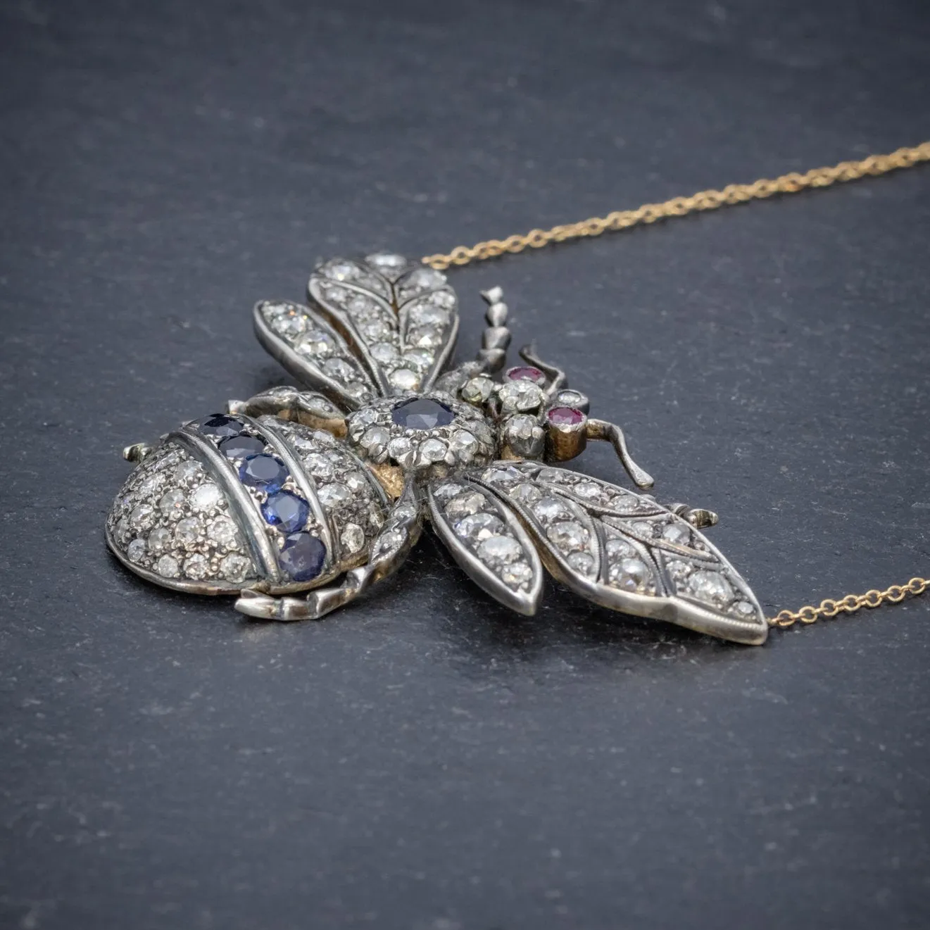Victorian Style Sapphire Diamond Ruby Bee Pendant Necklace Silver 18Ct Gold