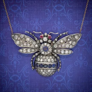 Victorian Style Sapphire Diamond Ruby Bee Pendant Necklace Silver 18Ct Gold