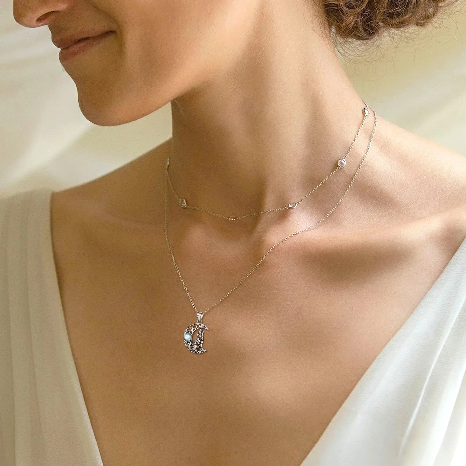 Viking Celtic Crescent Moon Wolf Necklace With Opal in Silver
