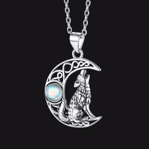 Viking Celtic Crescent Moon Wolf Necklace With Opal in Silver