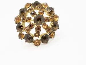Vintage Czechoslovakia Golden Rhinestones Round Brooch