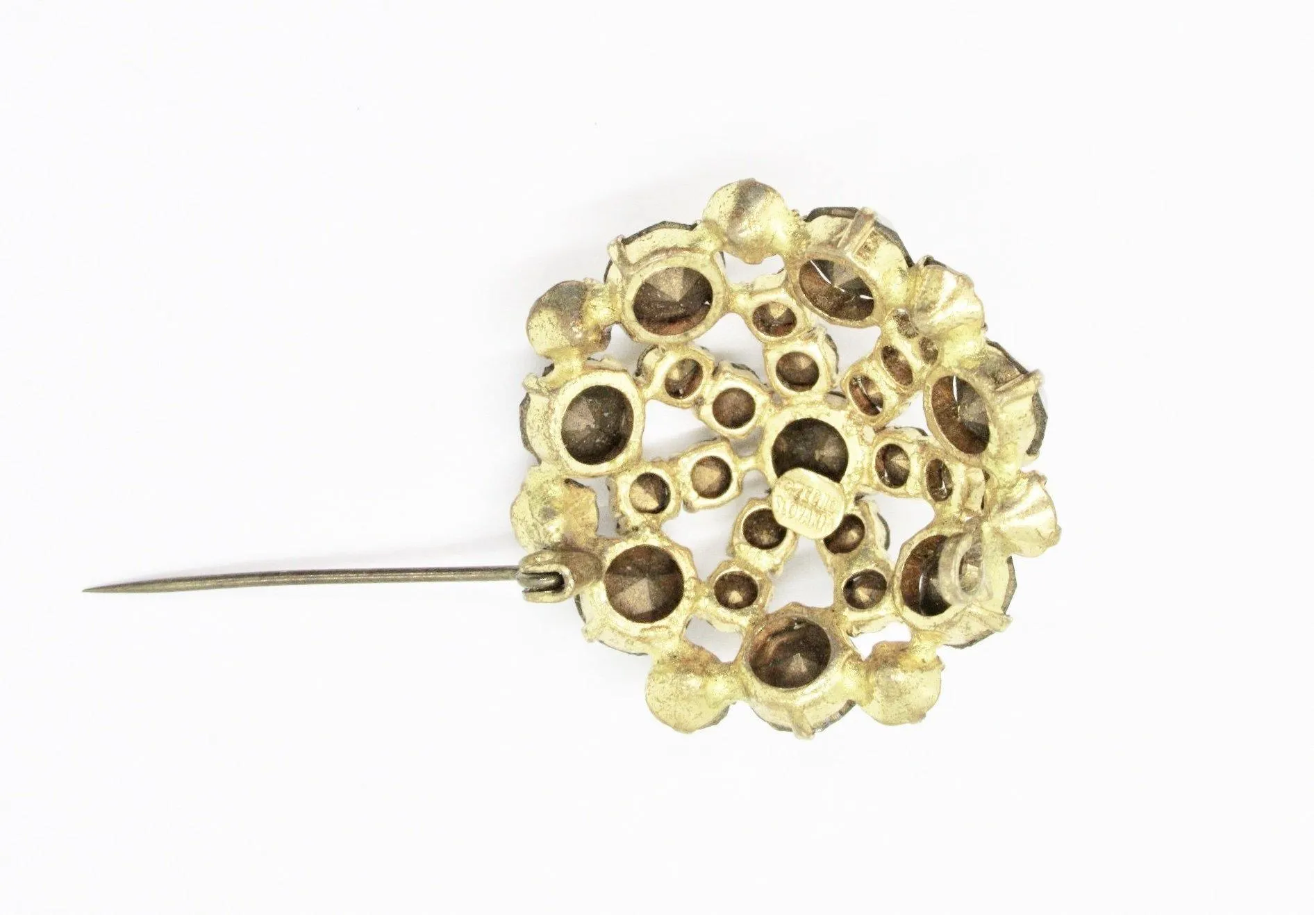 Vintage Czechoslovakia Golden Rhinestones Round Brooch