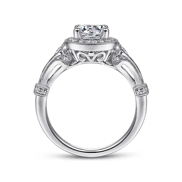 Vintage Inspired Cushion Halo Round Diamond Engagement Ring Mounting