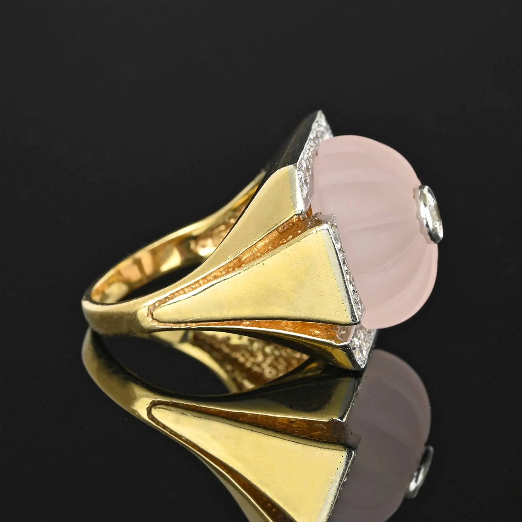 Vintage Melon Rose Quartz Diamond Ring in 14K Gold