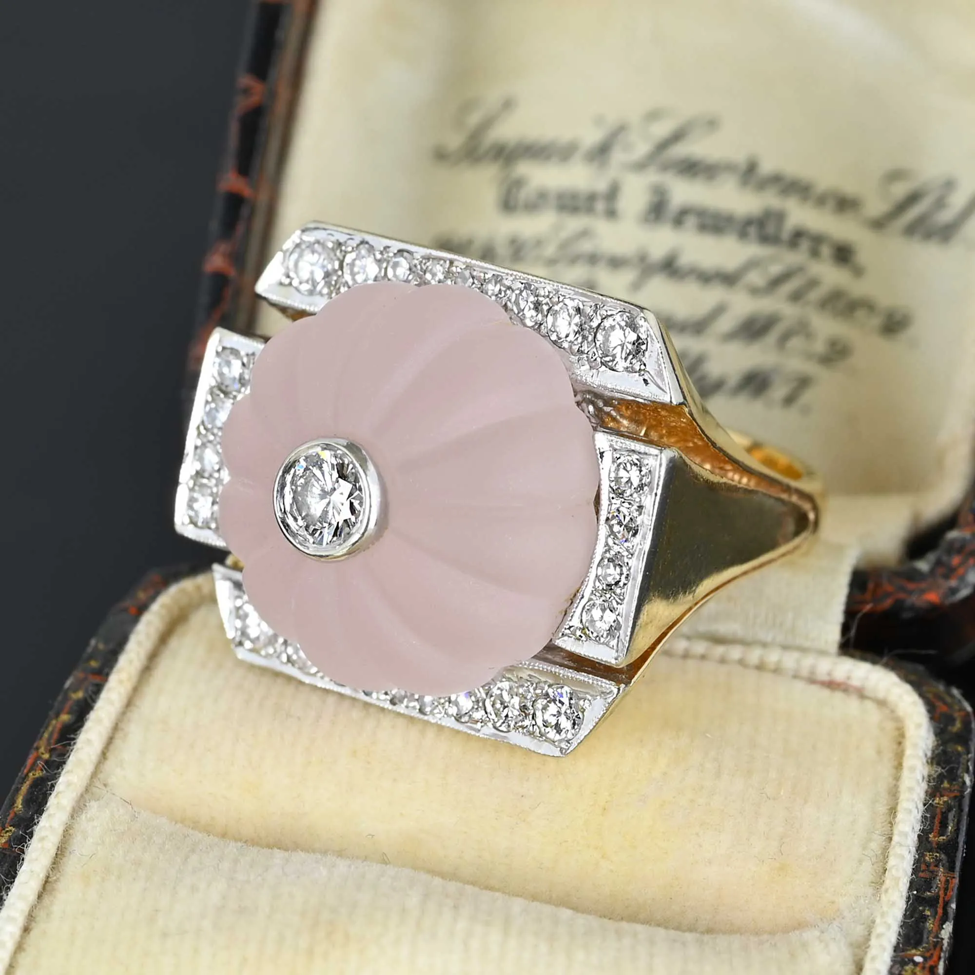 Vintage Melon Rose Quartz Diamond Ring in 14K Gold