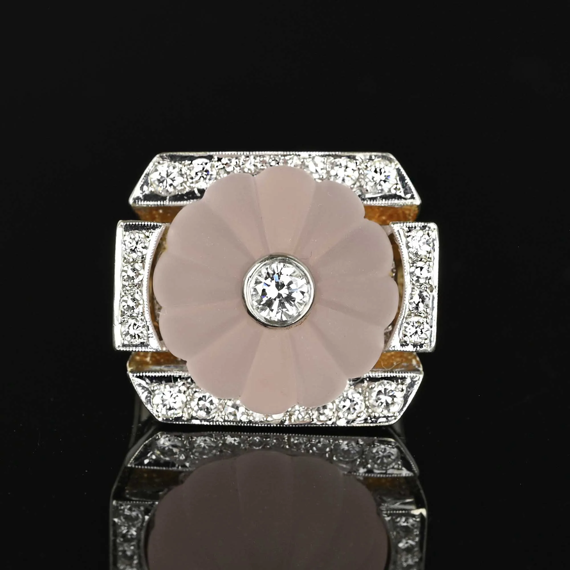 Vintage Melon Rose Quartz Diamond Ring in 14K Gold