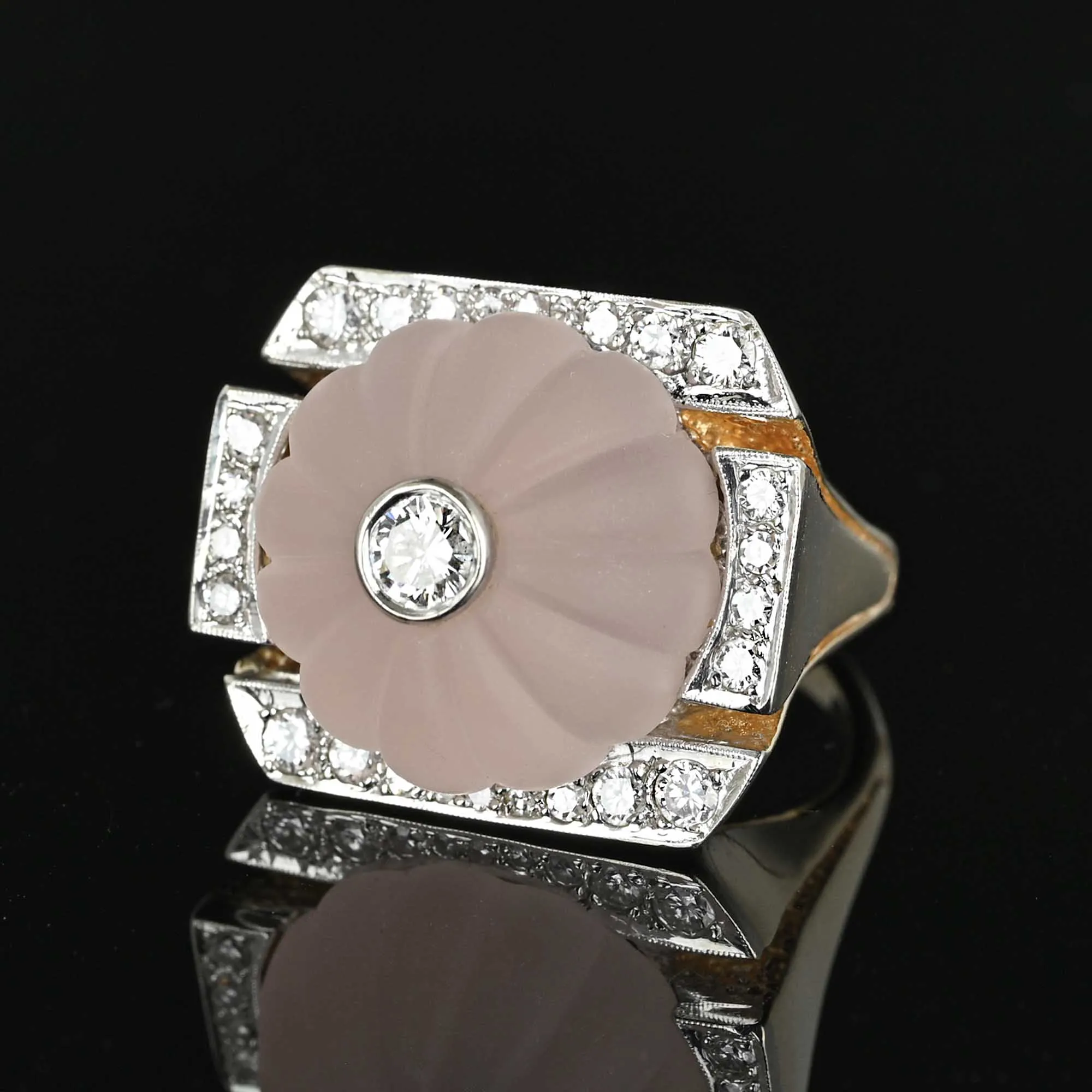 Vintage Melon Rose Quartz Diamond Ring in 14K Gold