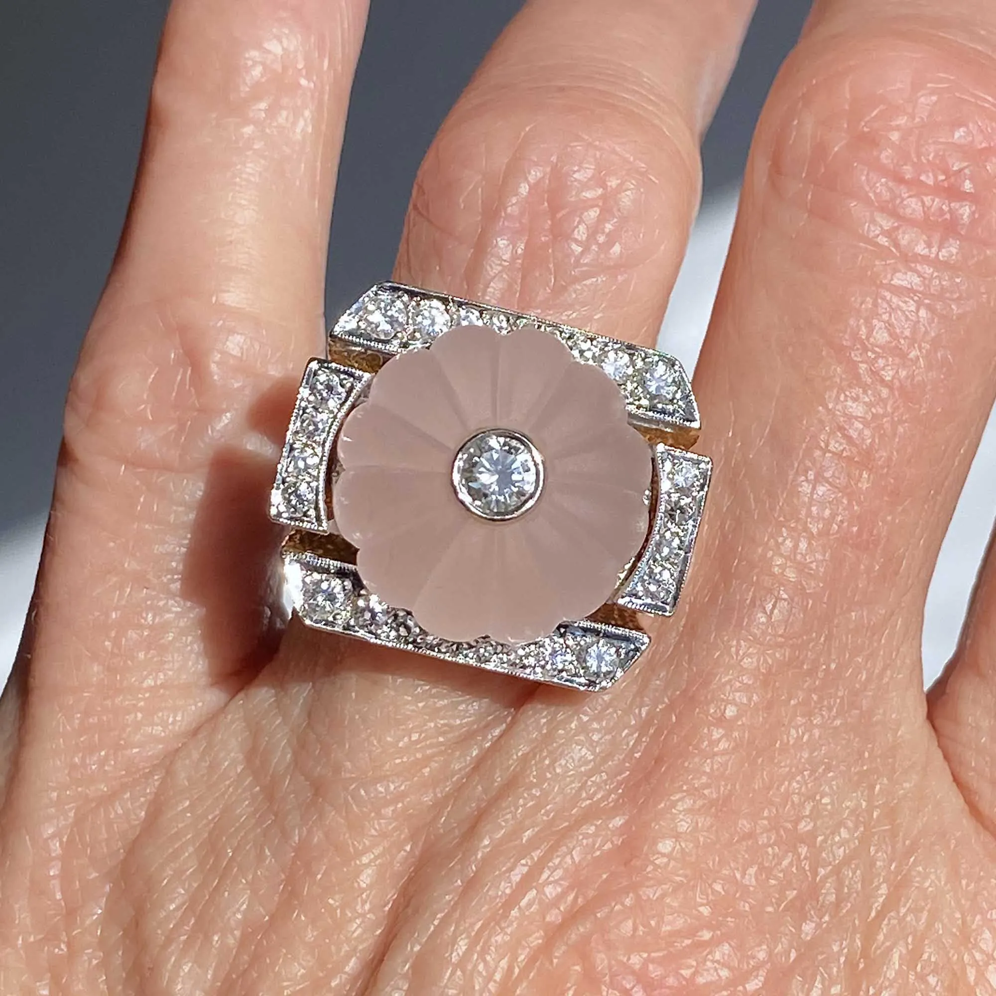 Vintage Melon Rose Quartz Diamond Ring in 14K Gold