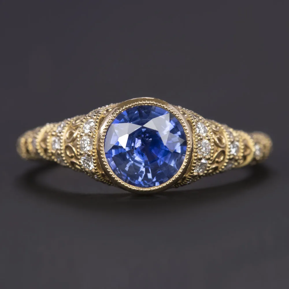 VINTAGE STYLE SAPPHIRE DIAMOND COCKTAIL RING YELLOW GOLD FILIGREE BEZEL NATURAL