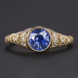 VINTAGE STYLE SAPPHIRE DIAMOND COCKTAIL RING YELLOW GOLD FILIGREE BEZEL NATURAL