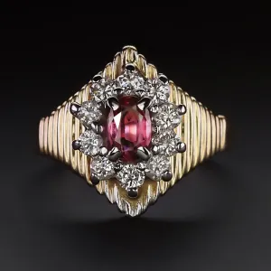 VINTAGE TOURMALINE DIAMOND COCKTAIL RING 14k YELLOW GOLD OVAL HALO CHUNKY PINK