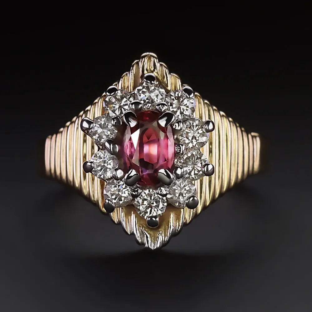 VINTAGE TOURMALINE DIAMOND COCKTAIL RING 14k YELLOW GOLD OVAL HALO CHUNKY PINK