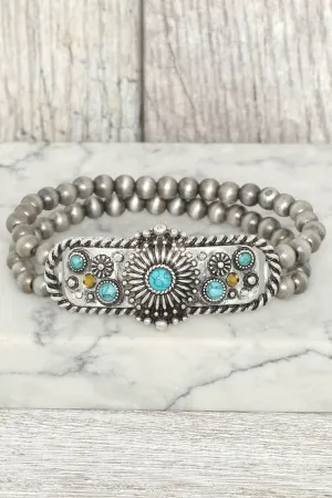 Western Floral Turquoise Concho Stretch Bracelet