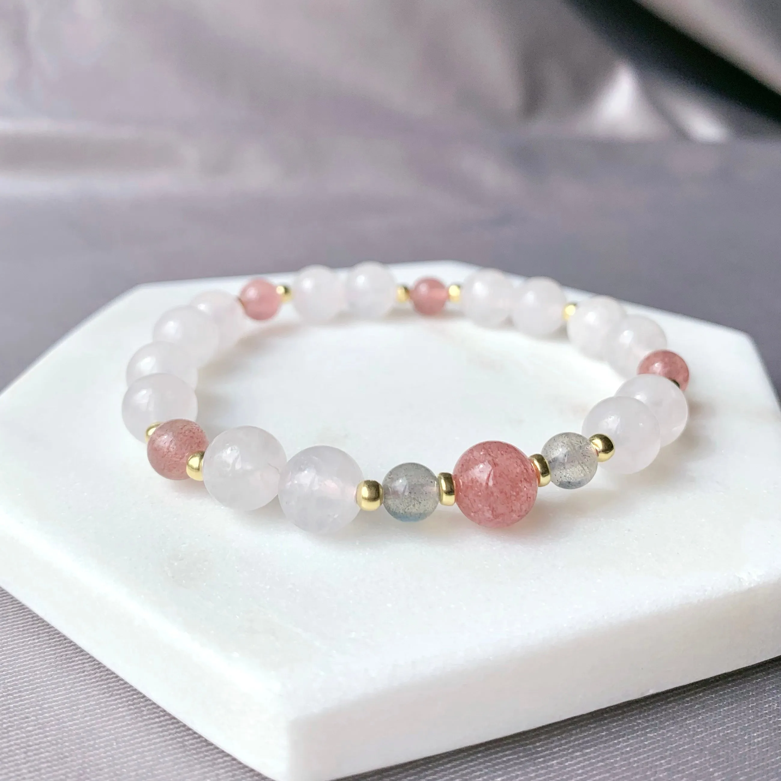 White Chalcedony & Strawberry Quartz Gemstone Bracelet