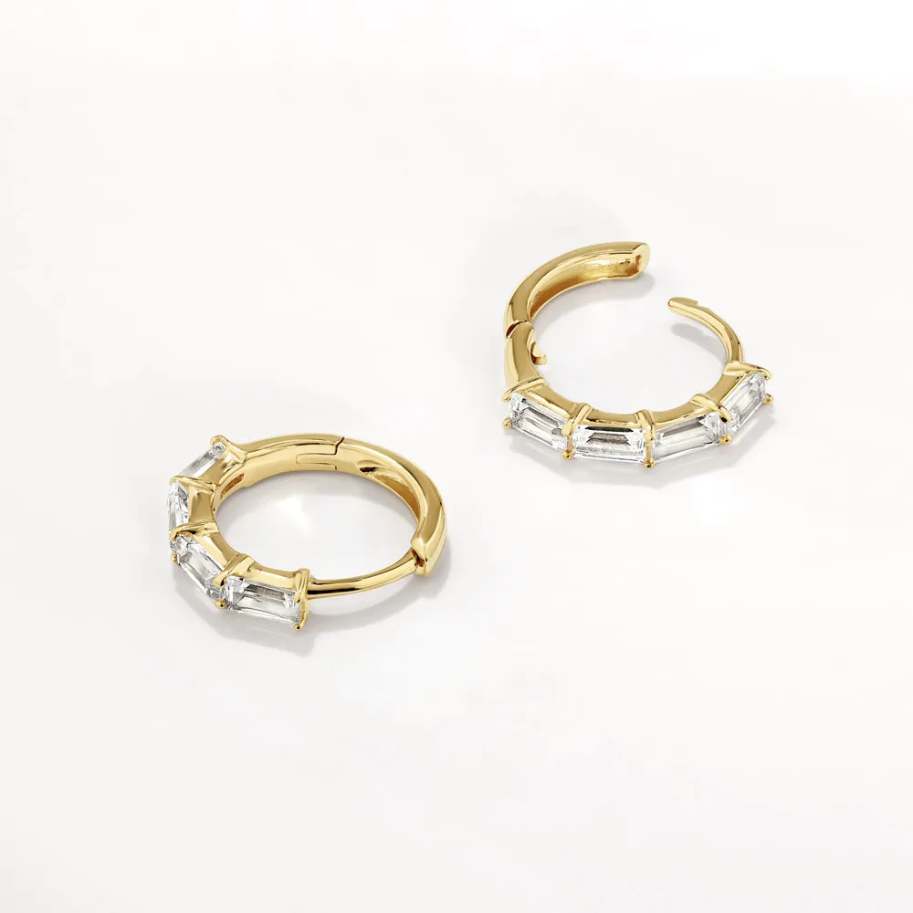 White Topaz Baguette Huggie Earrings in Gold