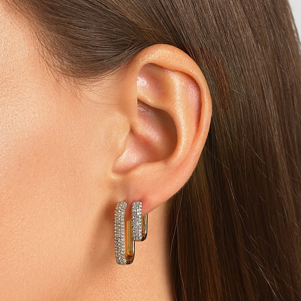 White Topaz Mini Pave Paperclip Earrings in Gold